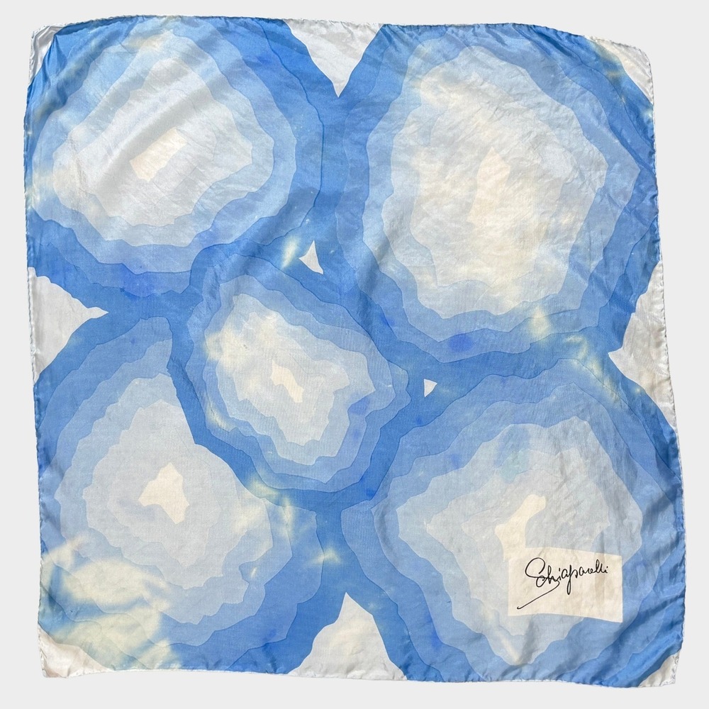 VTG Schiaparelli 100% Silk Scarf Blue Agate Print Hand Rolled Made in Japan
